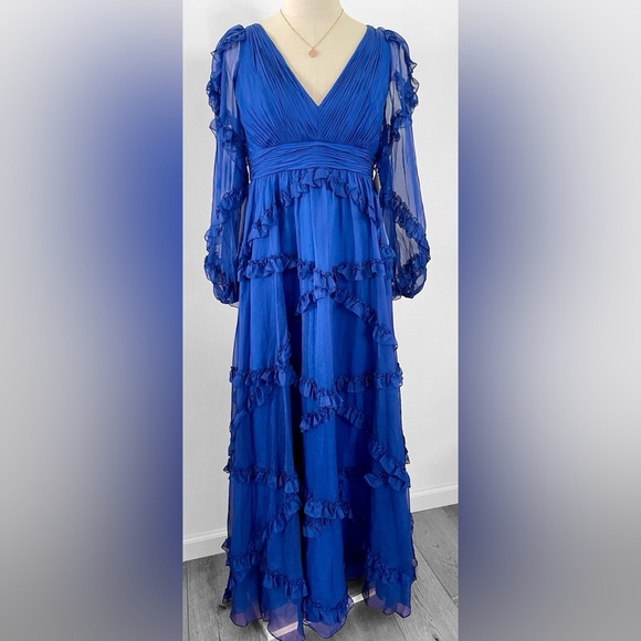 Mac Duggal A68223 | Ruffle A-line Gown with Sheer Long Sleeves | Blue | Size 10 - Picture 2 of 7